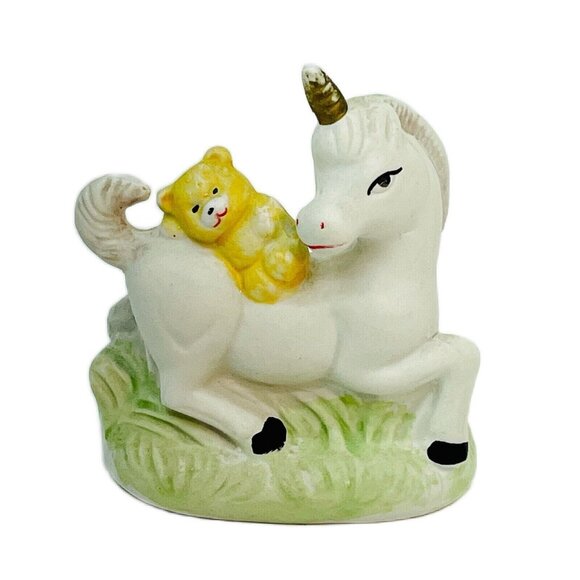 Unicorn Other - Whimsical Vintage Porcelain Figurine Yellow Teddy Bear Riding White Unicorn